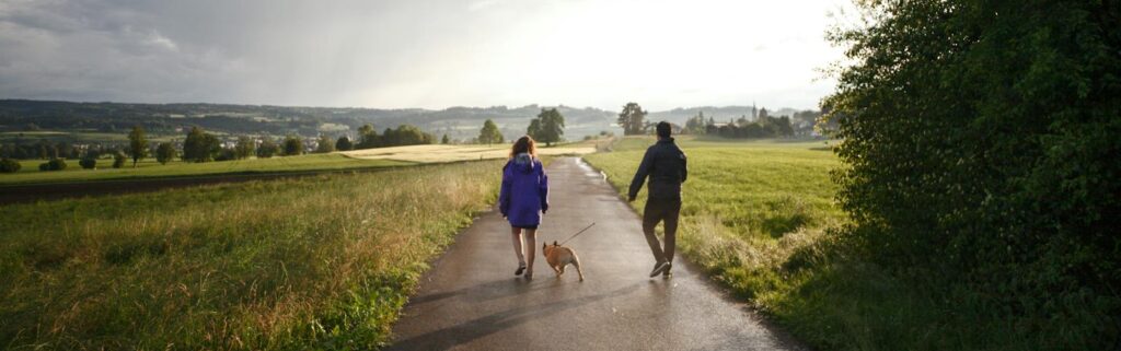 Man and Woman Walking Dog on Tarmacked Road